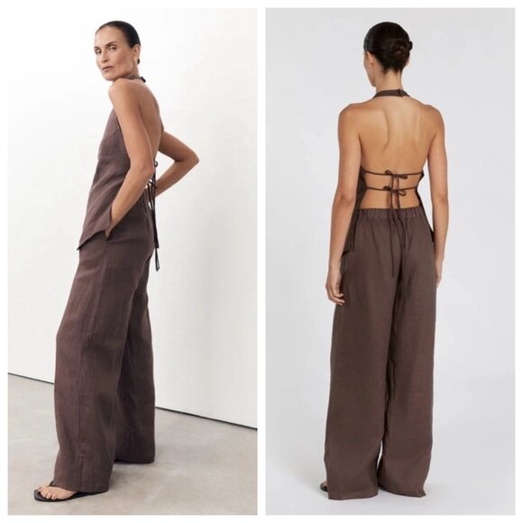 Abercrombie & Fitch Size S Short Linen Blend Ultra Wide Leg Pant Pull On Brown - Picture 2 of 14